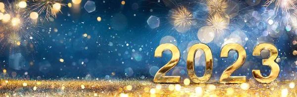 2023 Nieuwjaarsviering Gouden Aantal Vuurwerk Blauwe Avond Nacht Abstract Defocused — Stockfoto