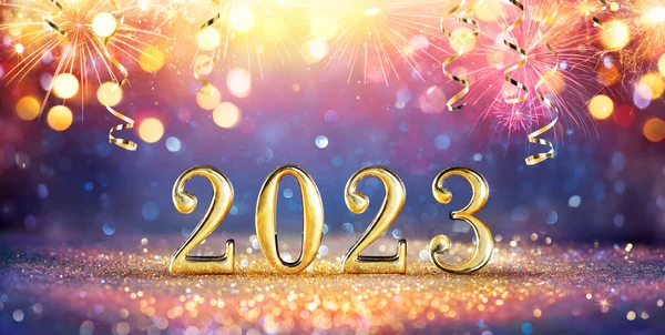 2023 Gelukkig Nieuwjaar Gouden Getallen Glitter Met Vuurwerk Celebration Concept — Stockfoto
