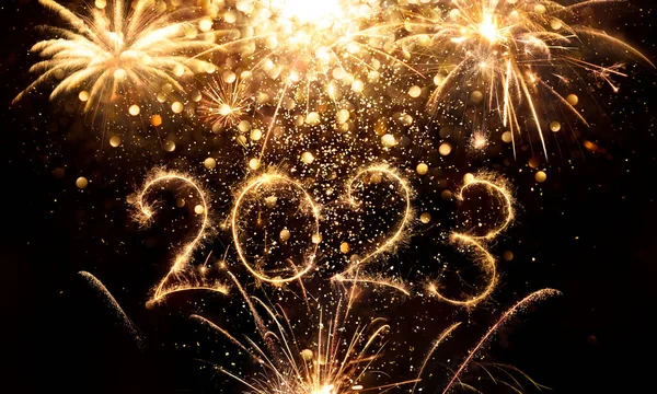 2023 Nieuwjaarsviering Glitter Gouden Cijfers Met Fonkelaar Vuurwerk Het Zwart — Stockfoto