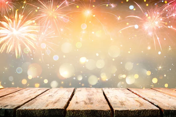Tavolo Celebrazione Con Fuochi Artificio Con Luci Astratte Sfocate — Foto Stock