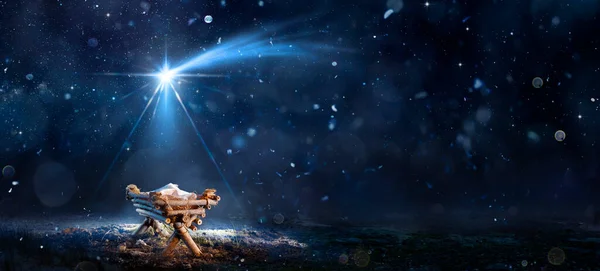 Betlehem Jelenet Jézus Krisztus Születése Jászollyal Havas Éjszakában Csillagos Égbolton — Stock Fotó