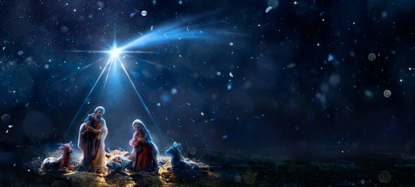 Nativity Jesus Comet Star Scene Holy Family Snowy Night Starry — Stock Photo, Image