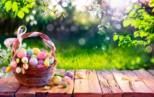Húsvéti Tojás Kosárban Érlelt Asztalon Tavaszi Kertben Napfénnyel — Stock Fotó