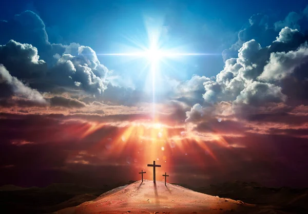 Zmartwychwstanie Kształt Krzyża Światła Chmurach Zmartwychwstały Jezus Wstępuje Nieba — Zdjęcie stockowe