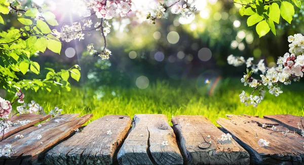 Bahar Zamanı Yeşil Bahçedeki Tahta Masada Çiçekler Bokeh Işıkları Fişek — Stok fotoğraf