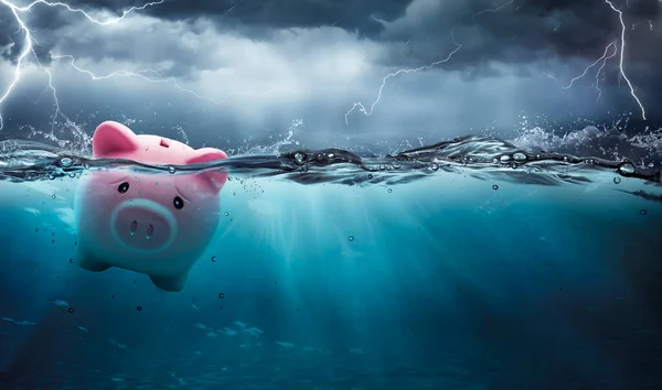 Piggy Bank Risk Drowning Debt Crisis Financial Banking Concept Contain — Stock fotografie