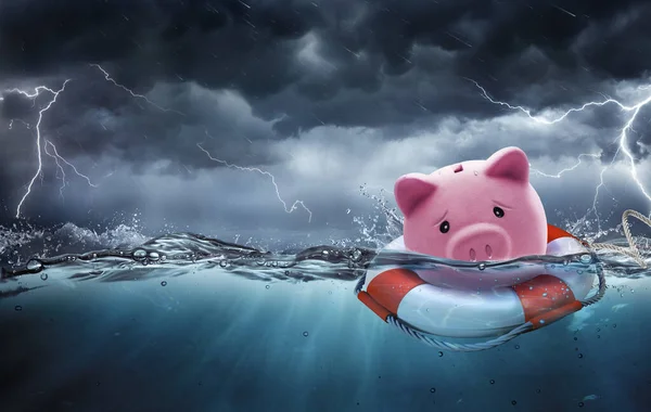 Salvamento Poupança Conceito Seguro Bancário Piggy Bank Risco Afogamento Dívida — Fotografia de Stock