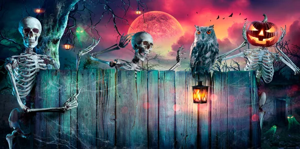 Halloween Party Szkielety Sowa Drewnianym Sztandarze Upiorną Noc Świetle Księżyca — Zdjęcie stockowe