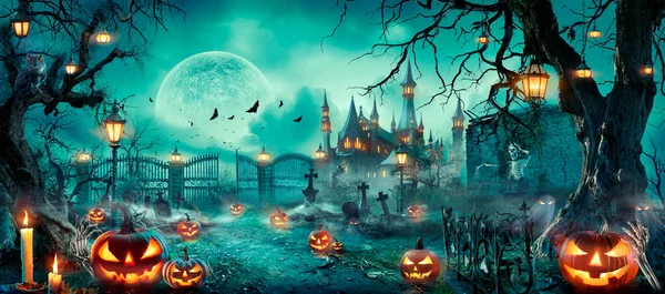 Сцена Хэллоуина Party Pumpkins Zombies Graveyard Moonlight Contain Moon Rendering — стоковое фото