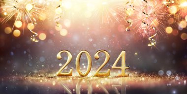 2024 Mutlu Yıllar - Soyut Odaklanmış Işıklarda Altın Parıltı ve Havai fişek Numarası