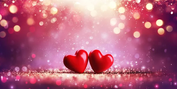 Valentinstag Rote Herzen Auf Glänzendem Glitzer Und Abstrakten Defokussierten Lichtern Stockbild