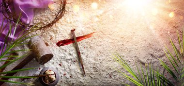 Passion And Calvary Of Jesus - Crown Of Thorns and Cross With Spikes and blood - Purple Robe and Palm Leaves With Abstract Sunlight clipart