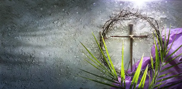 Lent Crown Thorns Cross Purple Robe Ash Palm Leaves Bloody — Stock Photo, Image