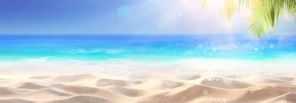 Tropikalny Piasek Błękitnym Morzem Liśćmi Palmowymi Plaża Lato Rozproszone Tle Obraz Stockowy