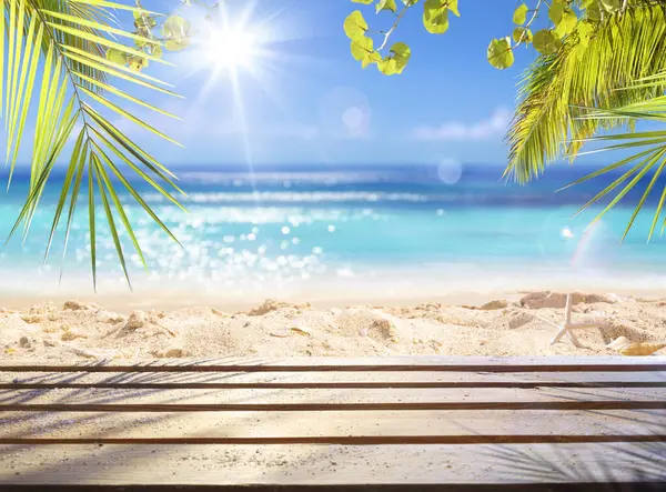 海滩桌 阳光下的沙滩和棕榈叶 在阳光的海洋中闪烁着光芒的抽象海景 图库图片