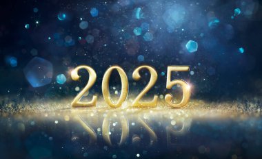 2025 Mutlu Yıllar Kutlaması - Soyut Odaklanmış Işıklarda Mavi Gece Parlayan Altın Sayılar - Tebrik Kartı