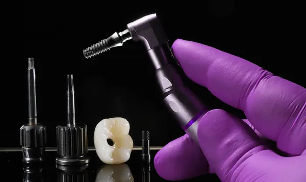 Mavi eldiven takan bir dişçinin tam kemerli diş protezi. İmplant destekli porselen, tam kemerli diş protezi. Vidalı implant diş protezi. Gülümse tasarımı.