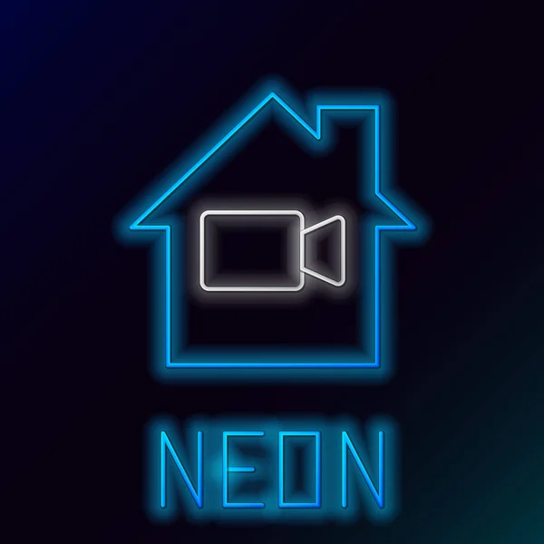 Glowing Neon Line Câmera Vídeo Home Icon Isolated Black Background — Vetor de Stock