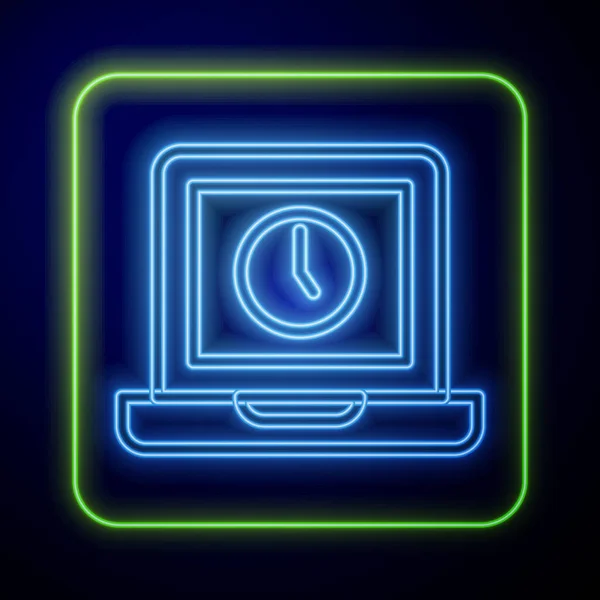 Świecący Neon Laptop Ikona Czasu Izolowane Niebieskim Tle Notatnik Pustym — Wektor stockowy