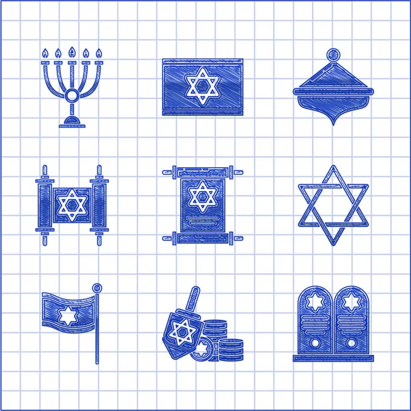 Σετ Torah Scroll Hanukkah Dreidel Και Κέρμα Tombstone Αστέρι Του — Διανυσματικό Αρχείο