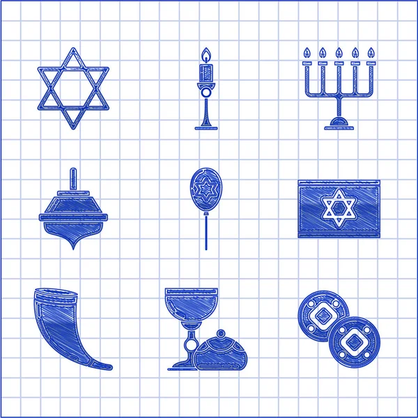 Установить Воздушные Шары Лентой Звездой Давида Еврейский Кубок Hanukkah Sufganiyot — стоковый вектор