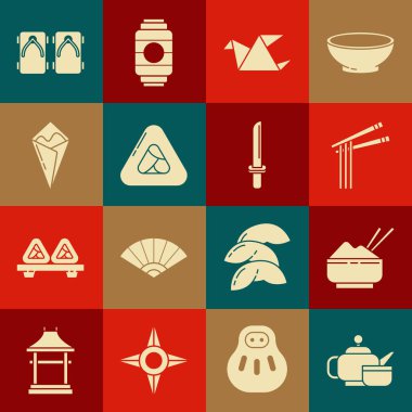 Japon çay seremonisi pirincini yemek çubuğu Asya eriştesi ve yemek çubuğu Origami kuşu Temaki dürümü geleneksel ayakkabı ve katana ikonu ile birlikte kaseye koy. Vektör.