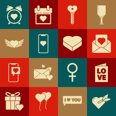 Amour 'u kalp ve ok ile ayarla Sevgililer Günü partisi broşürü Envelope Key şekilli cep telefonu kalp kanatları merkez alarm saati ve Candy şeklindeki kutu ikonu. Vektör.
