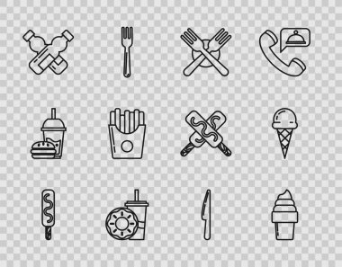 Dondurmayı waffle külahında, çapraz çatallı kağıt bardakta, saman ve patates kızartması şişesi, patates kızartması karton kutu bıçak ve ikon ile ayarla. Vektör.