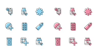 İlaç şişesi hapları, serum çantası, merhem, krem tüpü ilacı, tablet ve ikon hazırlayın. Vektör.
