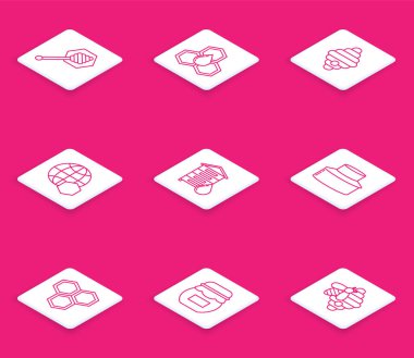 Bal kovanına bal kovanı yerleştir dünya arısı haritası için koruyucu şapkası ve kavanoz bal ikonu olan arıcı. Vektör.