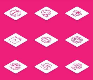 Geri dönüşüm hattı oluşturun. Plastik şişe Toprak Gezegeni ve Çevre Koruma Kutusu Fabrikası 'nın geri dönüşüm kolu. Geri dönüşüm sembollü akü olan çöp ve simge yok. Vektör.