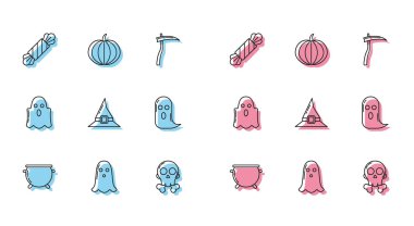 Cadılar Bayramı cadı kazanı Hayalet Şeker Kafatası cadı şapkası ve balkabağı ikonu. Vektör.