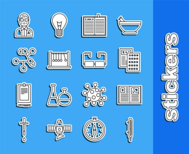 Meteoroloji termometresi, açık kitap hapları, su toplaması bilim sarkacı, molekül bilimcisi ve gözlük simgesini ölçüyor. Vektör.