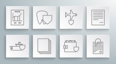 Kalkan Diş Temiz Kağıt Cüzdan ve Para Dosyası Dosya Klipsleme Belgesi ve grafik çizelgesi simgesine sahip bir satır gemisi ayarla. Vektör.