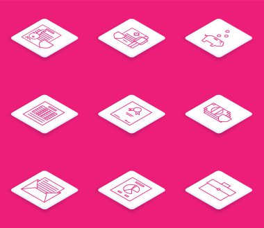 Kalkan Tıbbi Pano klinik kaydı ile satır Belgesi ile ayarla Piggy Bankası Para Raporu dosya belgesi Sertifika şablonu Para Postası ve e-posta ve grafik çizelgesi simgesi. Vektör.