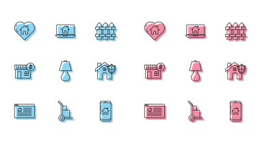 Online Satış El kamyonu ve House 'un kalp şeklindeki kutuları cep telefonu akıllı ev telefonu masa lambası kalkanı sembolü ve dizüstü bilgisayar simgesi ile asma tabelasını ayarla. Vektör.