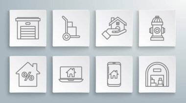 Ev hattını indirimli el arabası ve dizüstü bilgisayar akıllı cep telefonu, depo emlakçısı itfaiye musluğu ve garaj ikonu kutularıyla ayarla. Vektör.