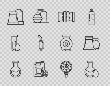 Test tüpü ve matara yağı testi Endüstriyel metalik borular ve antifriz teneke gaz fabrikası benzin pompası enjektör enjektörü ve ikon. Vektör.