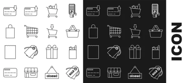 设置行价格标签与题词销售纸购物袋和食品购物篮购物车信用卡和添加图标 — 图库矢量图片