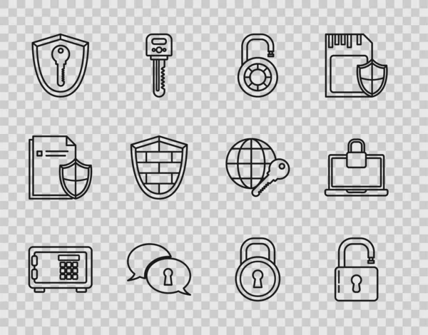 Güvenli Açık asma kilit kombinasyon tekerleği kişisel veri kalkanının ana siber güvenlik tuğla kilidi ve dizüstü bilgisayar ve simgesi ile korunmasını ayarlayın. Vektör.