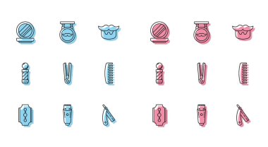 Jilet, tıraş makinesi, tıraş makinesi, saç fırçası, klasik berber dükkanı ikonu ve saç fırçası için düz saç maşası tozu. Vektör.