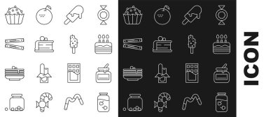 Çilek reçel kavanozu kavanozu ve yanan mumlarla dondurmalı kek, şeker paketleri kek ve ikon. Vektör.