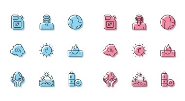 Ellerinizi Dünya 'nın Dünya' daki Biyolojik Yakıt Kutusu Bataryası, Güneş Iceberg CO2 emisyon bulutu ve Yüz koruma maskesi ikonu üzerinde tutun. Vektör.