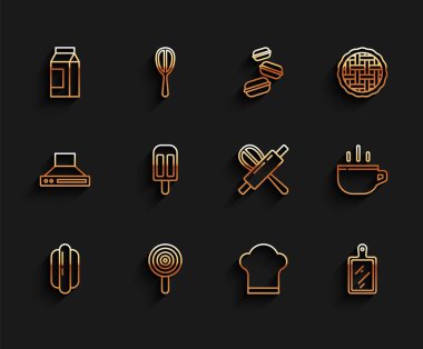 Hotdog Sandviç Lolipop Kağıt Paketi. Süt Şefi şapkalı, dondurmalı kahve fincanı ve Mutfak çırpıcı iğne simgesi. Vektör.