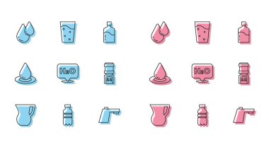 H2O soğutucu ve Glass simgesi için su şişesi ve musluk suyu kimyasal formülü içeren çizgi testi yapın. Vektör.