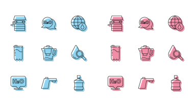 H2O Su Musluğu 'nun kimyasal formülünü büyük şişe temiz su testi filtresi damla ve büyüteç ve ikon ile ayarlayın. Vektör.