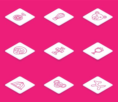 Tek tekerlekli bisiklet ya da tek tekerlekli bisiklet Sıcak hava balonu Ayı Vahşi Aslan Atlıkarınca Sirki ateş çemberi çadırı ve maymun ikonu. Vektör.