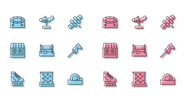 Paten kayma, duvara tırmanma, trambolin, dönme dolap voleybol, top, oyuncak at atış galerisi ve salıncak uçağı ikonu. Vektör.