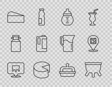 Bir şişe Peynirli Süt Plastik Tereyağı Tabağı ve İkona Meme Sütü. Vektör.