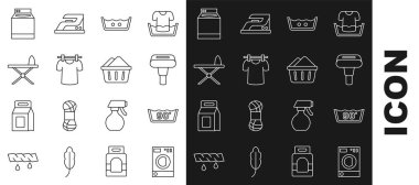 Çamaşır yıkama, giysi yıkama, ütü masası, ütü masası ve sabun köpüklü leğen. Vektör.